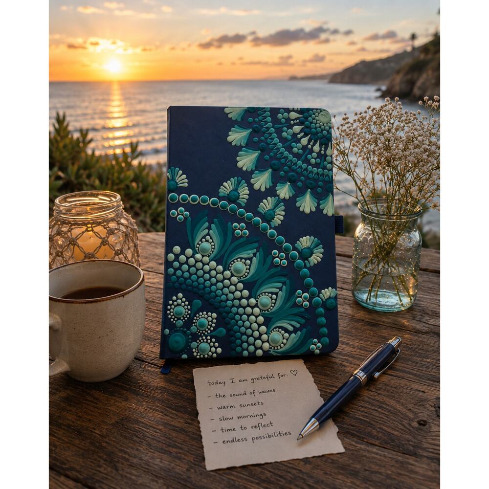 Hand Painted Mandala Journal Blue Teal Notebook Ocean Inspired Dot Art Diary
